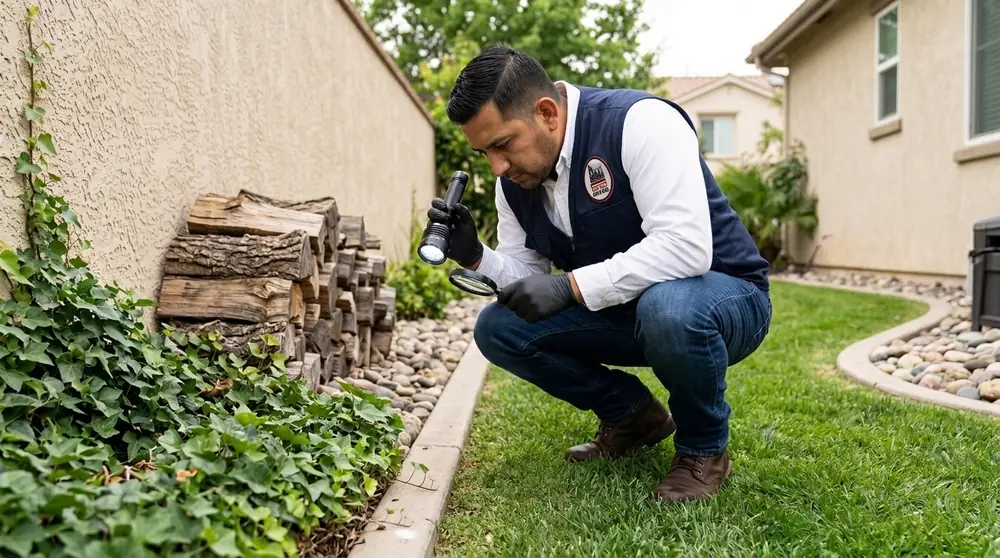 Técnico de Control Total de Plagas revisando el patio de una casa de Ciudad Juárez en busca de garrapatas